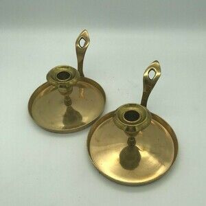 Two Vintage Solid Brass Candleholders WPF - Williamsburg Pottery Handmade Korea
